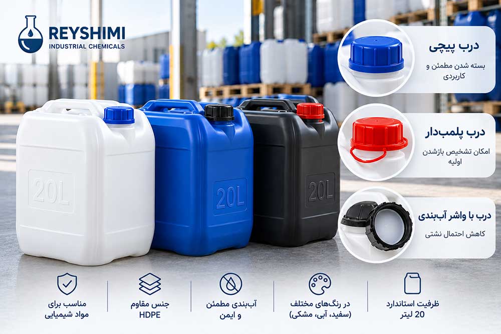 خرید گالن 20 لیتری درب‌دار برای مواد شیمیایی؛ بررسی قیمت، جنس و مشخصات فنی